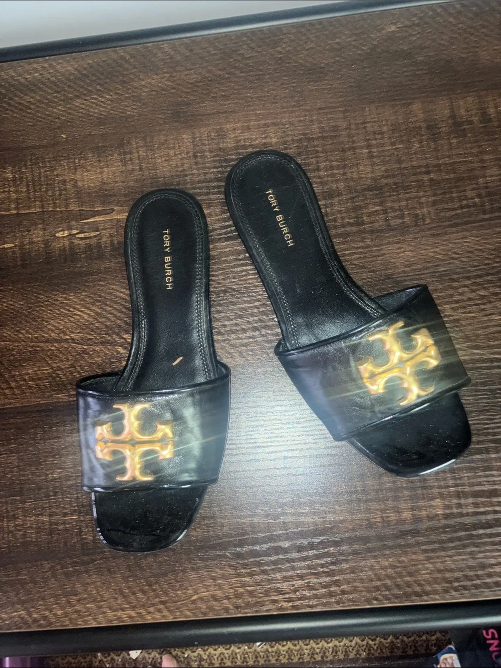 Tory Burch Black Leather Slide Mules with Gold Logo Emblem